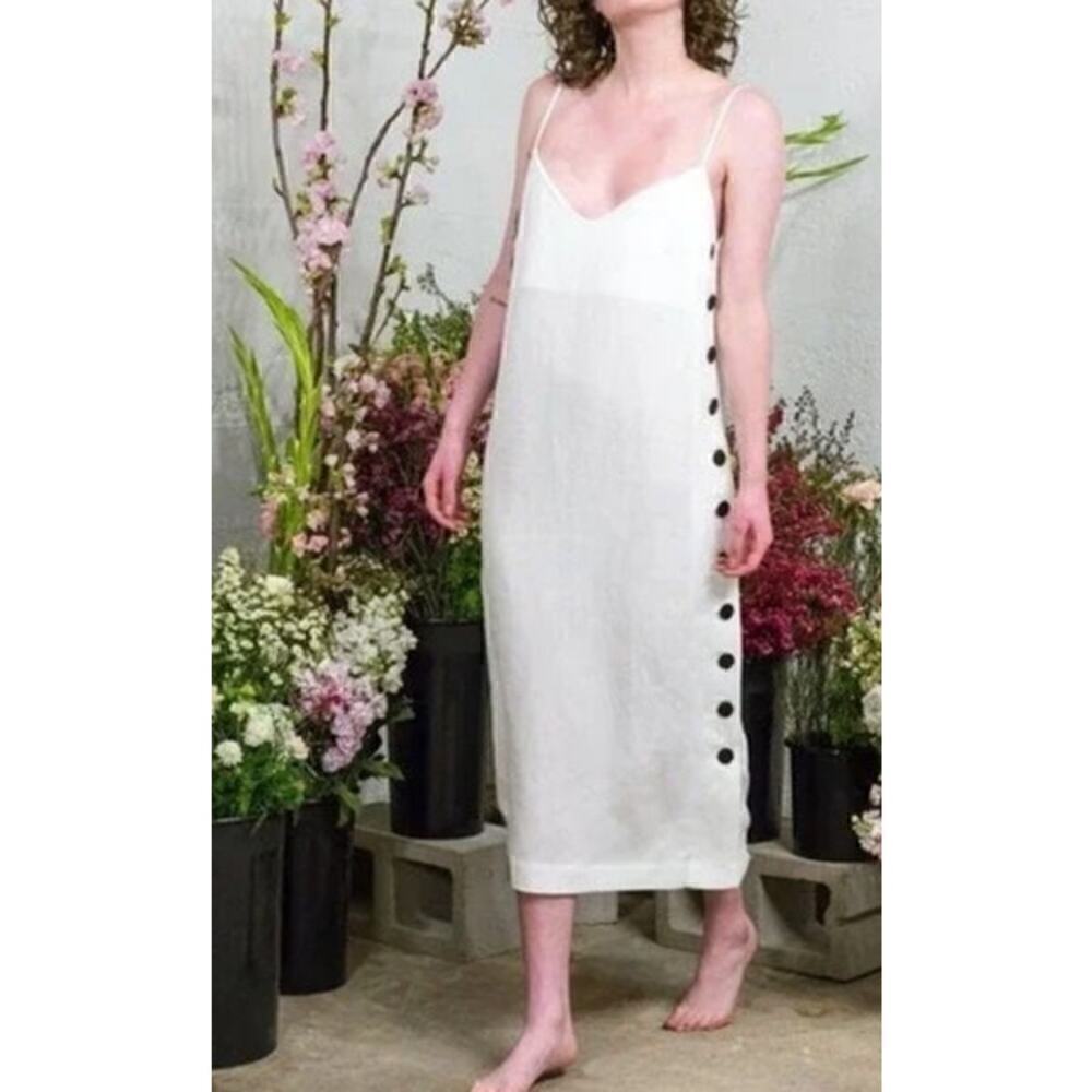 Mara Hoffman Heidi Dress Relaxed Fit Linen Blend Button Side Tank Midi White XS